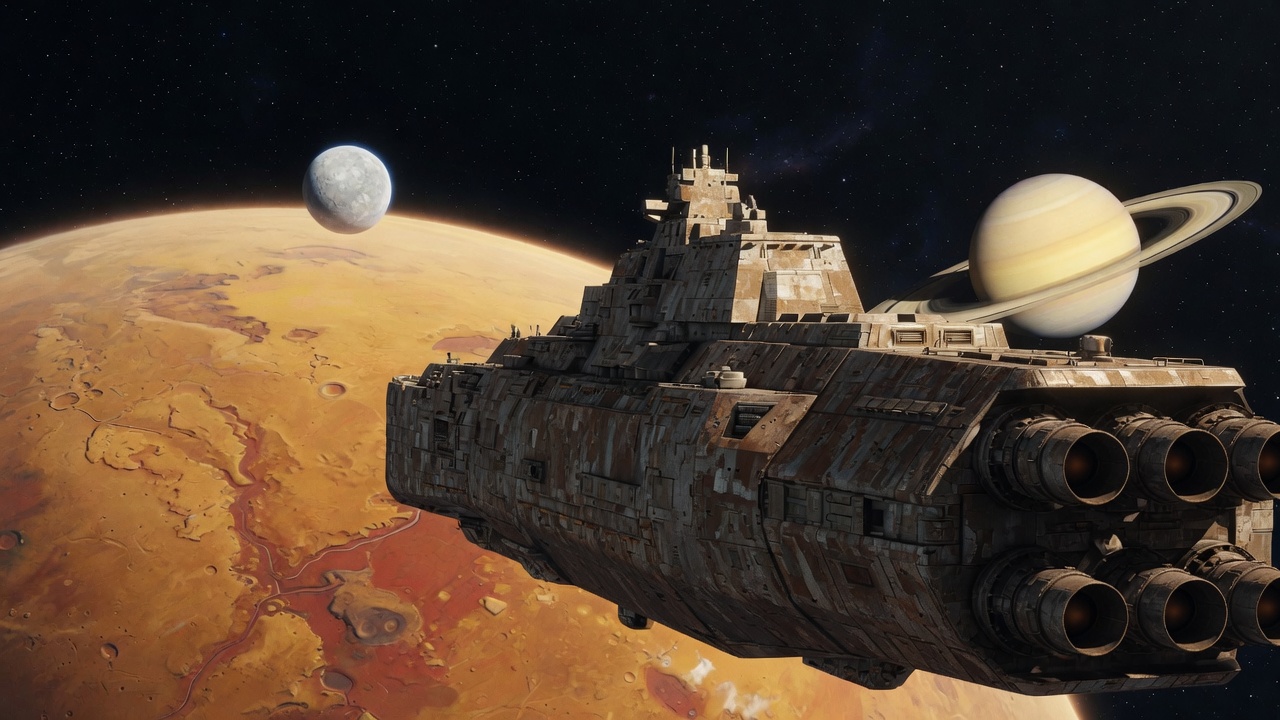 A heavy capital ship holding station over an arid world, with a moon and a ringed giant beyond.