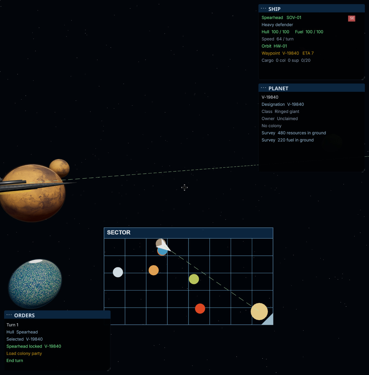 StellarOps CIC at play: New Mars, Spearhead, sector plate, and in-scene SHIP, PLANET, and ORDERS windows.